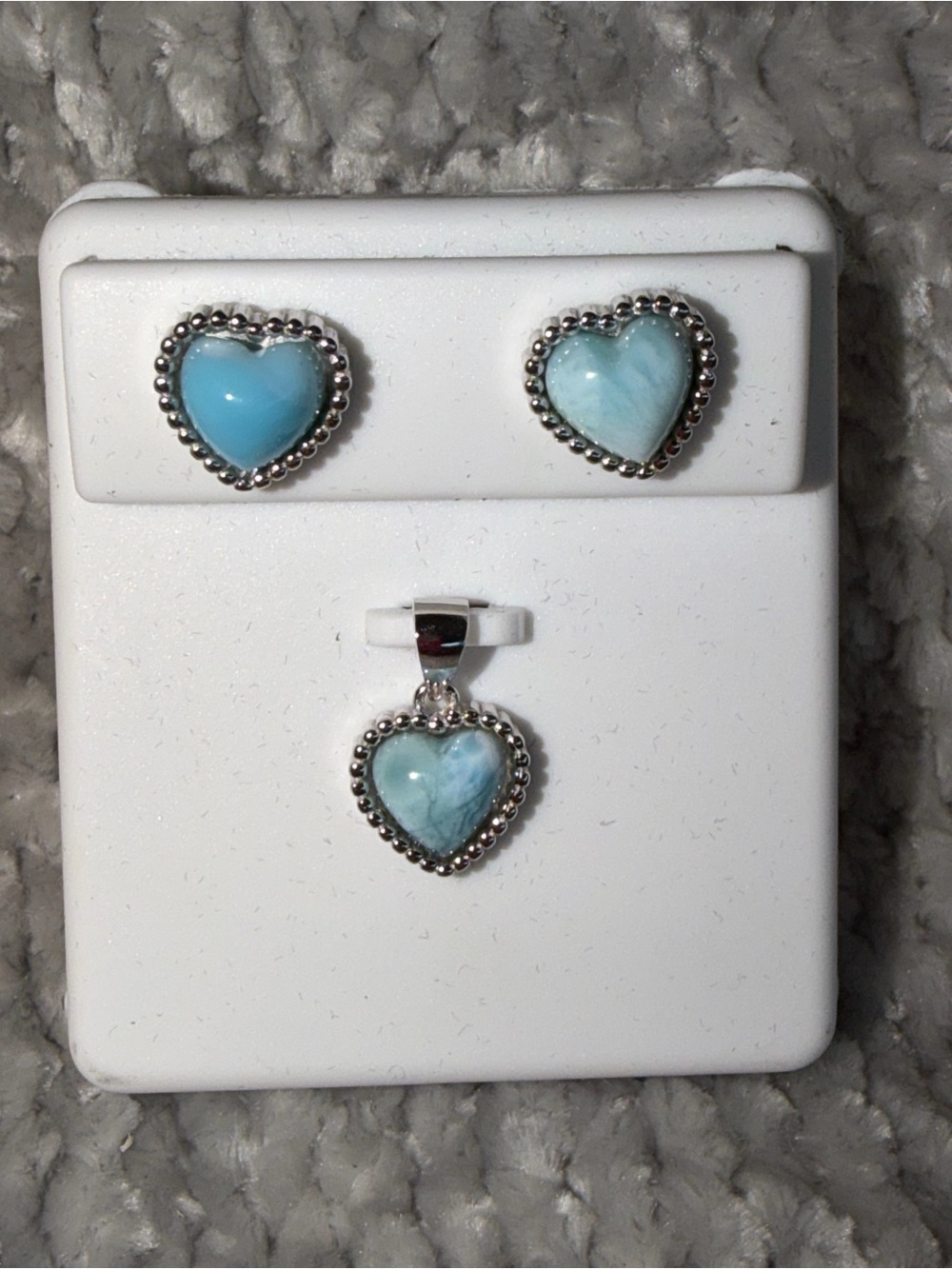 Heart-Shaped Blue Larimar Pendant and Stud Earring Set